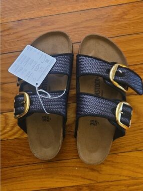 Birkenstock Black Braided Double Buckle Sandals with Gold Buckles